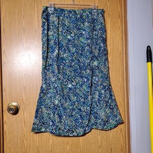 Southern Lady Blue and White Ruffled Trumpet Midi Skirt